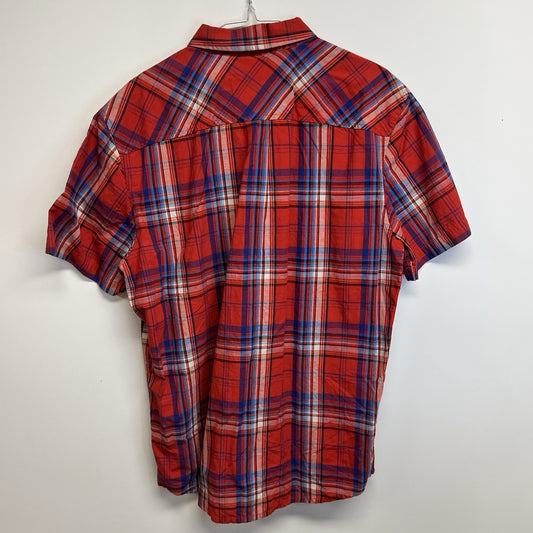 prAna Mens Benton Large Short Sleeve Button Down Shirt Red & Blue Plaid Casual