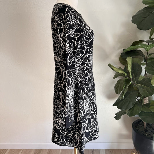 NWT Cynthia Rowley Sweater Dress (S) Long Sleeve Black White Floral Stretch