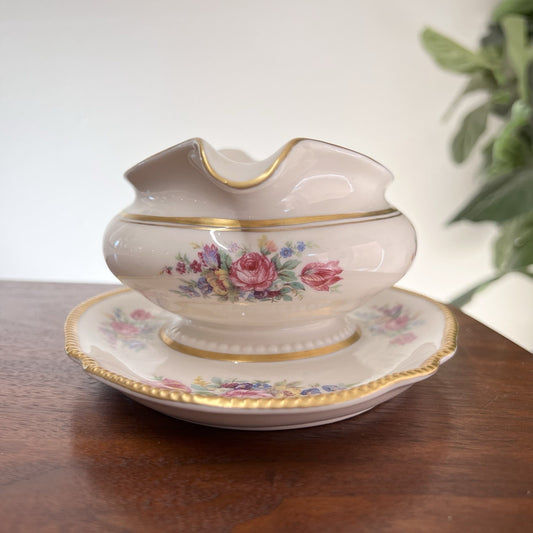 Castleton Rose Bone China Oval Gravy Boat Attached Under Plate Romantic Floral