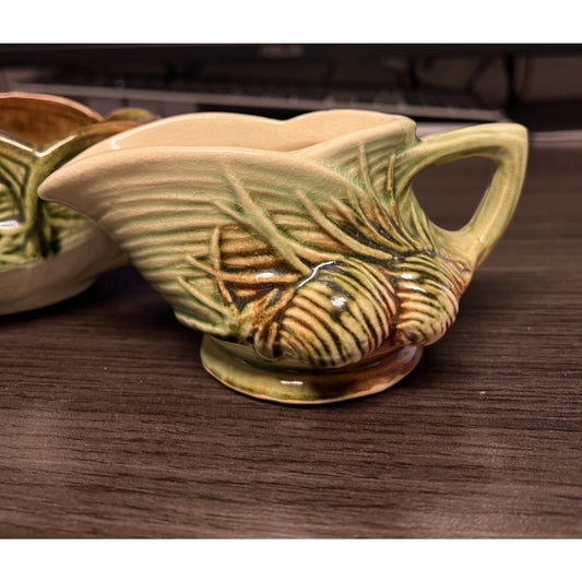 Vintage 1940's McCoy Pottery Sugar & Creamer - Green Brown Daisy Pattern