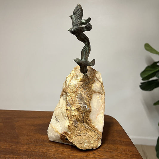 Signed Sculpture Birds In Flight Bronze And Quartz
