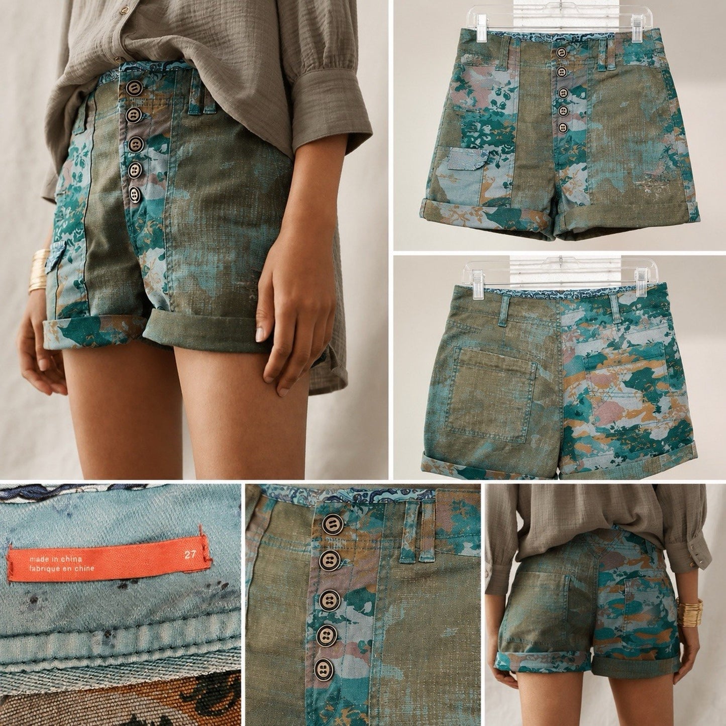 Pilcro Wanderer Short 27 Boho Patchwork Utility High Rise Button Fly Camo Floral