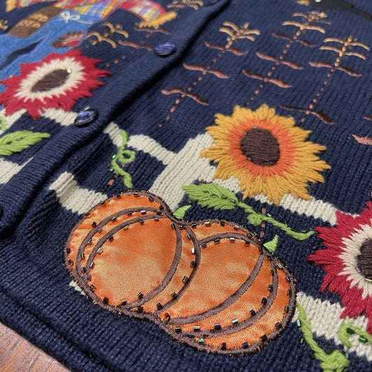 Vintage Bobbie Brooks Knit Cardigan Vest XL Autumn Fall Embroidered Scarecrow