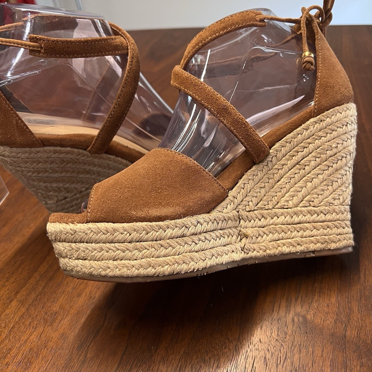 UGG Reagan Suede Espadrille Sz 7 Wedge Sandal Lace Up Peep Toe Natural Jute