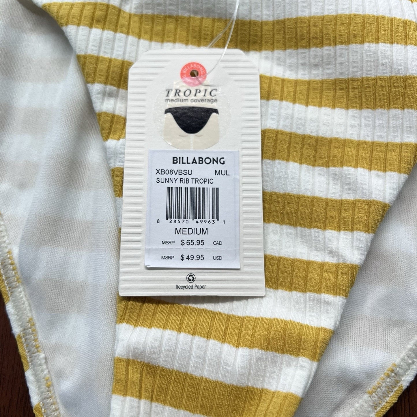 NWT Billabong Swim Bikini Bottoms (M) Side Tie Tropic Med Coverage Yellow Stripe