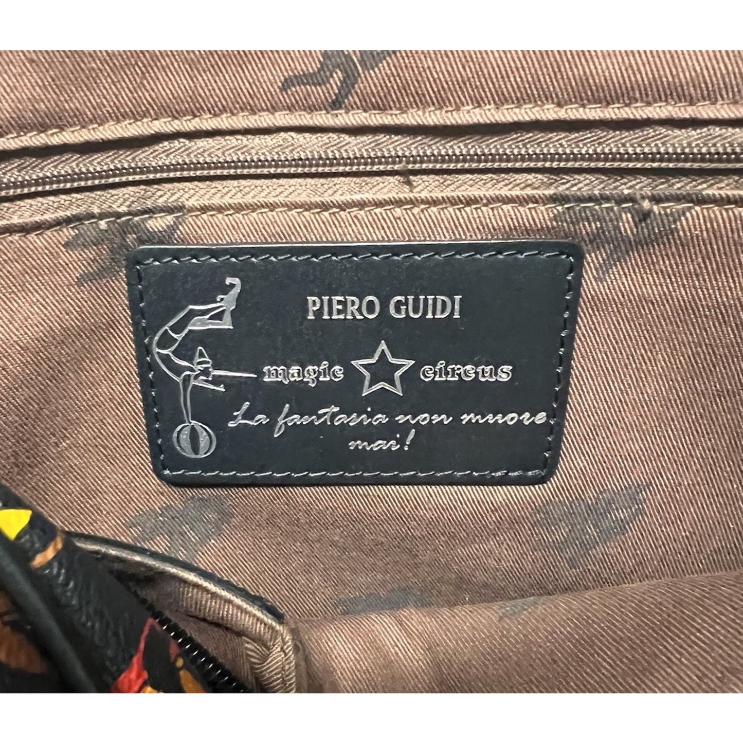 Vintage Black Piero Guidi Unique Magic Circus Pattern Crossbody Bag w/ Key Chain