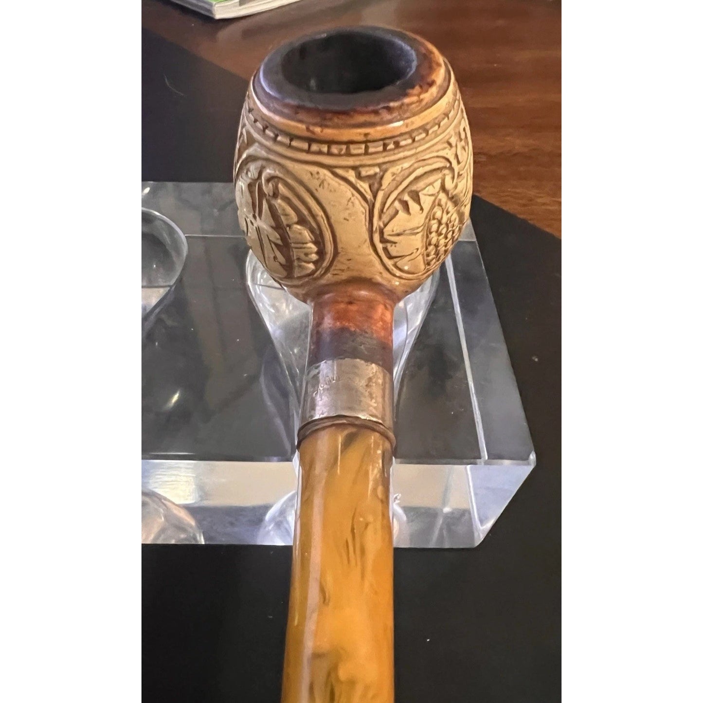 Vintage Hand Carved Meerschaum Estate Smoking Pipe w/ Sterling Silver Band