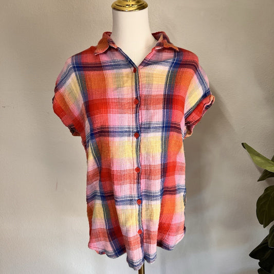 BEACH LUNCH LOUNGE (M) 100% Cotton Plaid Button Front Short Sleeve Shirt Preppy