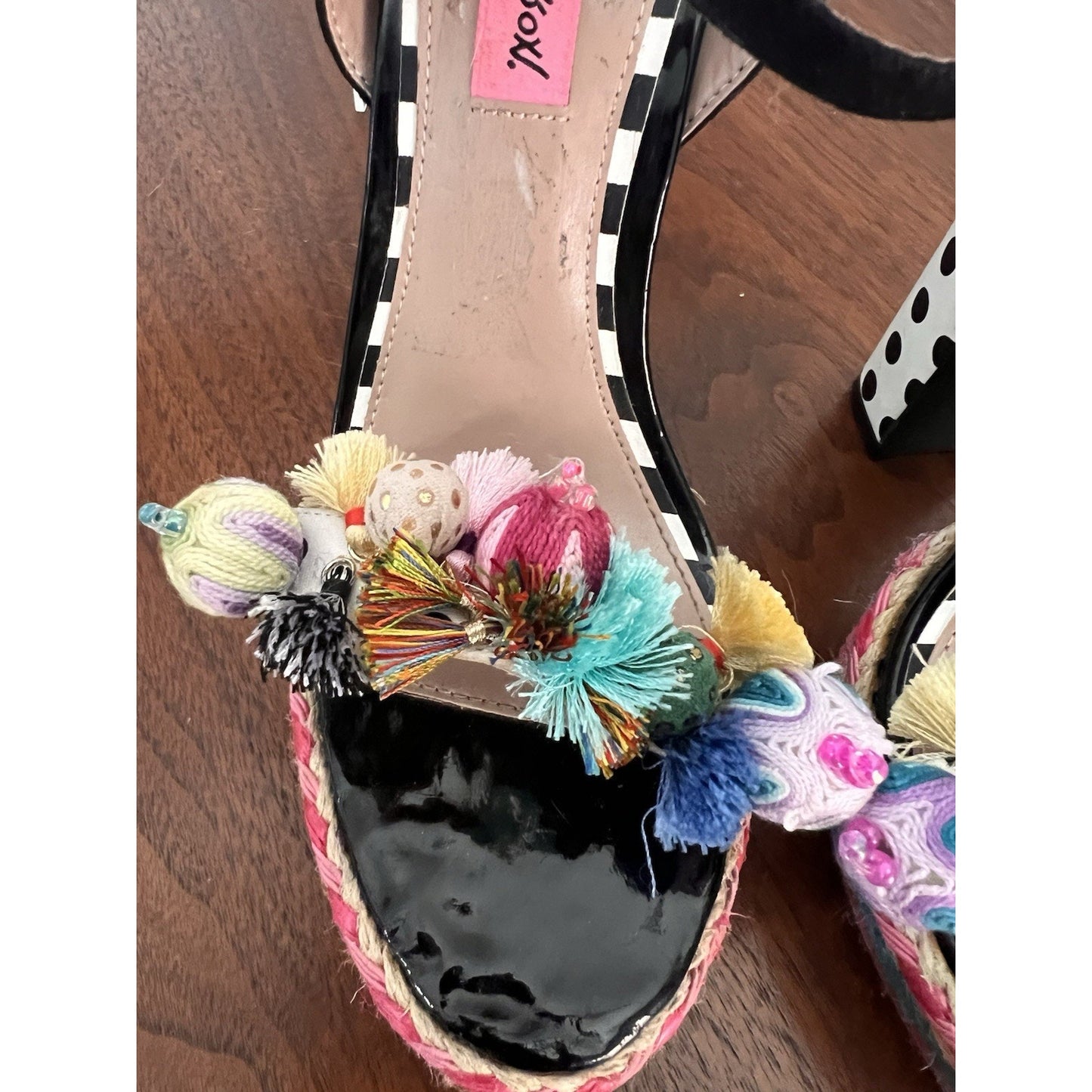 Betsey Johnson Polka Heeled Pom-Pom Adorned Platform Sandals Size 6