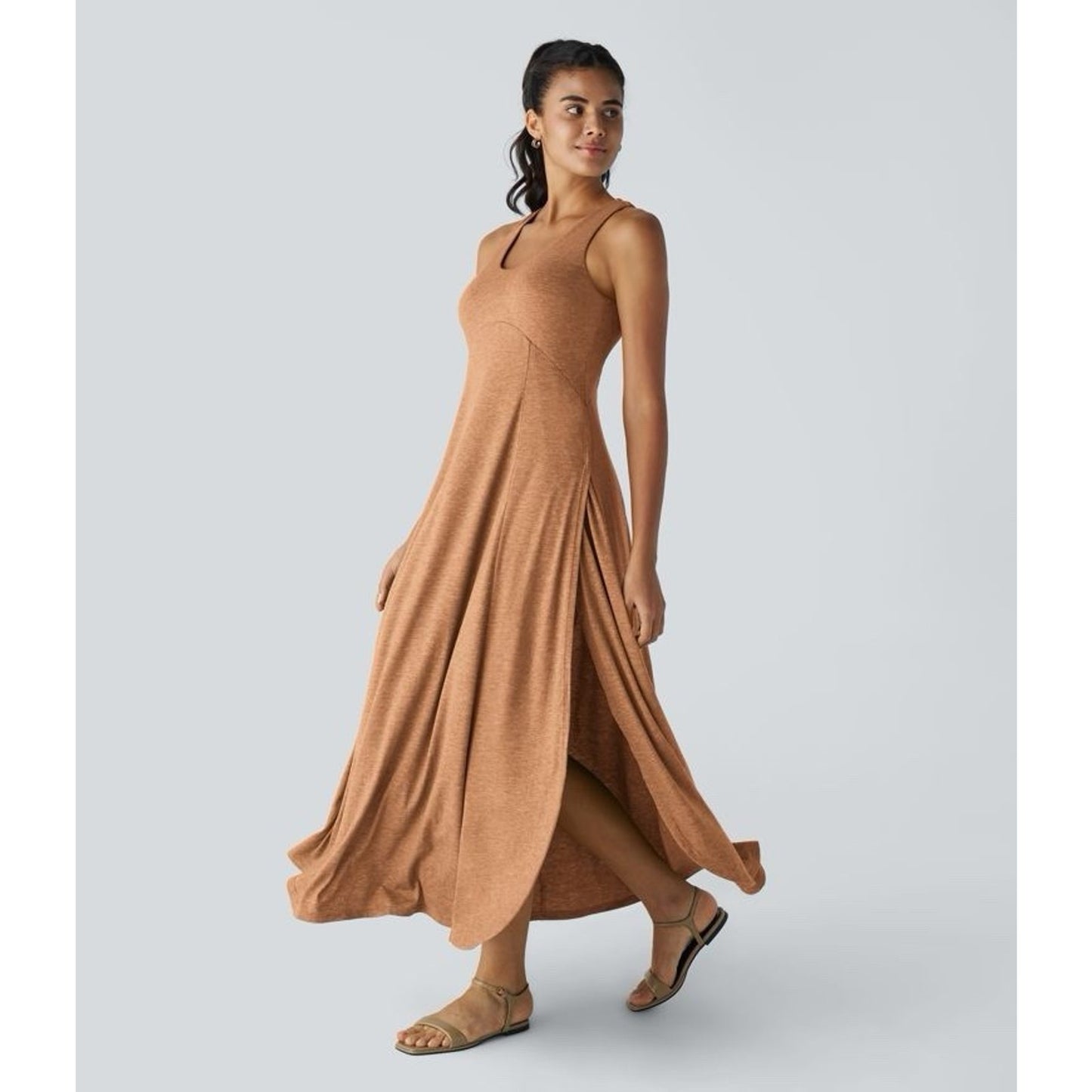 Halara XL Tank Dress U-Neck Sleeveless Split Flowy Maxi Jersey Lagenlook Pumpkin