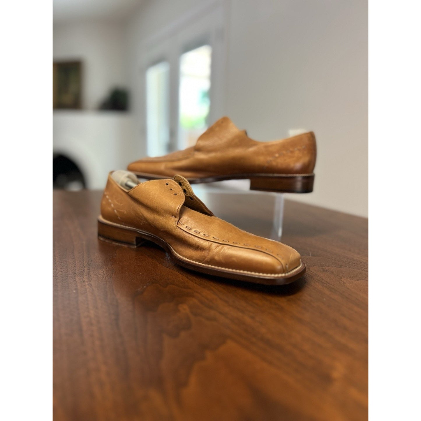 Mezlan Maranello Sz10 M Tan Calfskin Leather Braided Trim Square Toe Derby Shoes