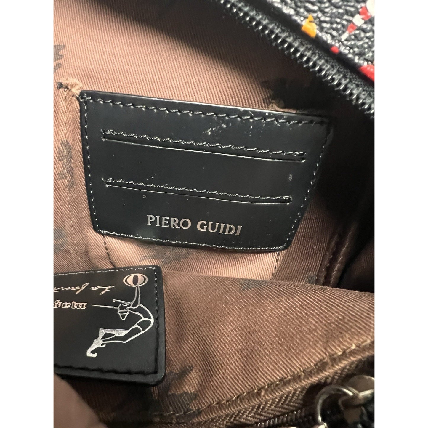 Vintage Black Piero Guidi Unique Magic Circus Pattern Crossbody Bag w/ Key Chain