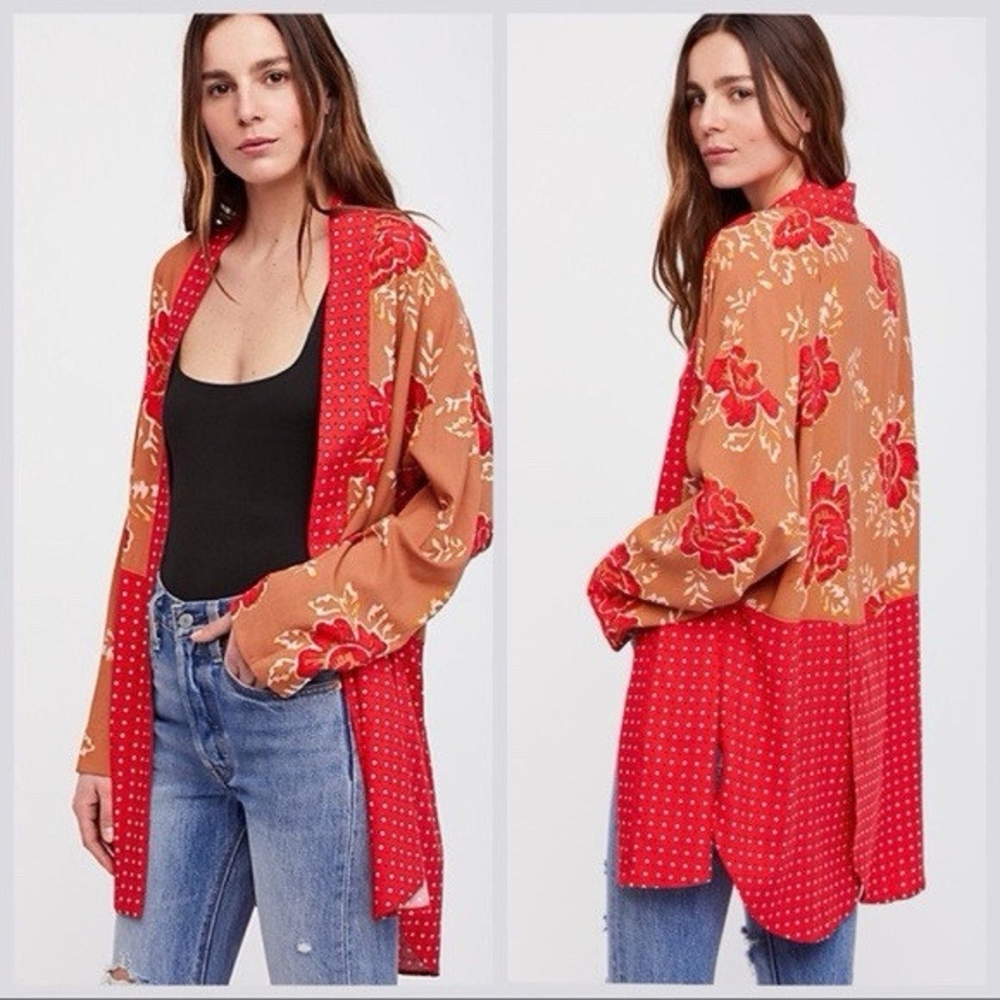 Free People (M) Forget Me Knot Kimono Cover Up Boho Hippie Robe Floral