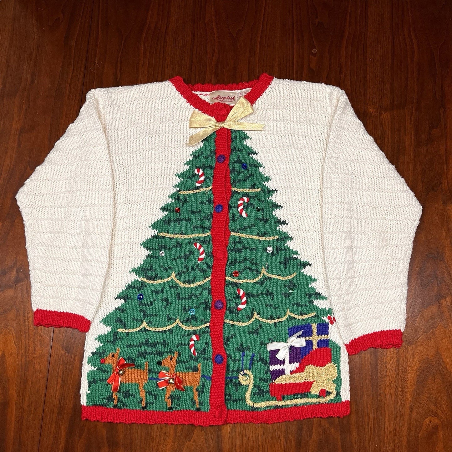 Vintage Storybook Heirlooms Christmas Tree Cardigan (S) Sweater Knit Granny Bows