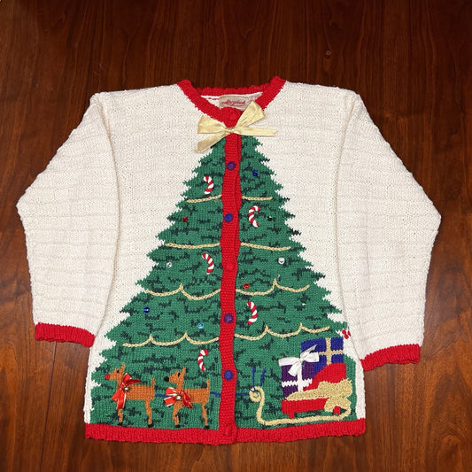 Vintage Storybook Heirlooms Christmas Tree Cardigan (S) Sweater Knit Granny Bows