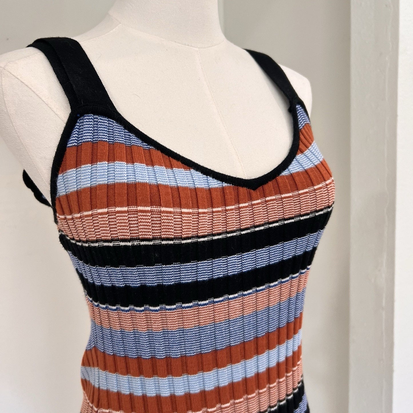 Ronny Kobo Ribbed Knit Dress (M) Maxi Bodycon Tank Retro Stripe Resort Designer
