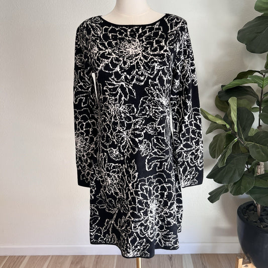 NWT Cynthia Rowley Sweater Dress (S) Long Sleeve Black White Floral Stretch