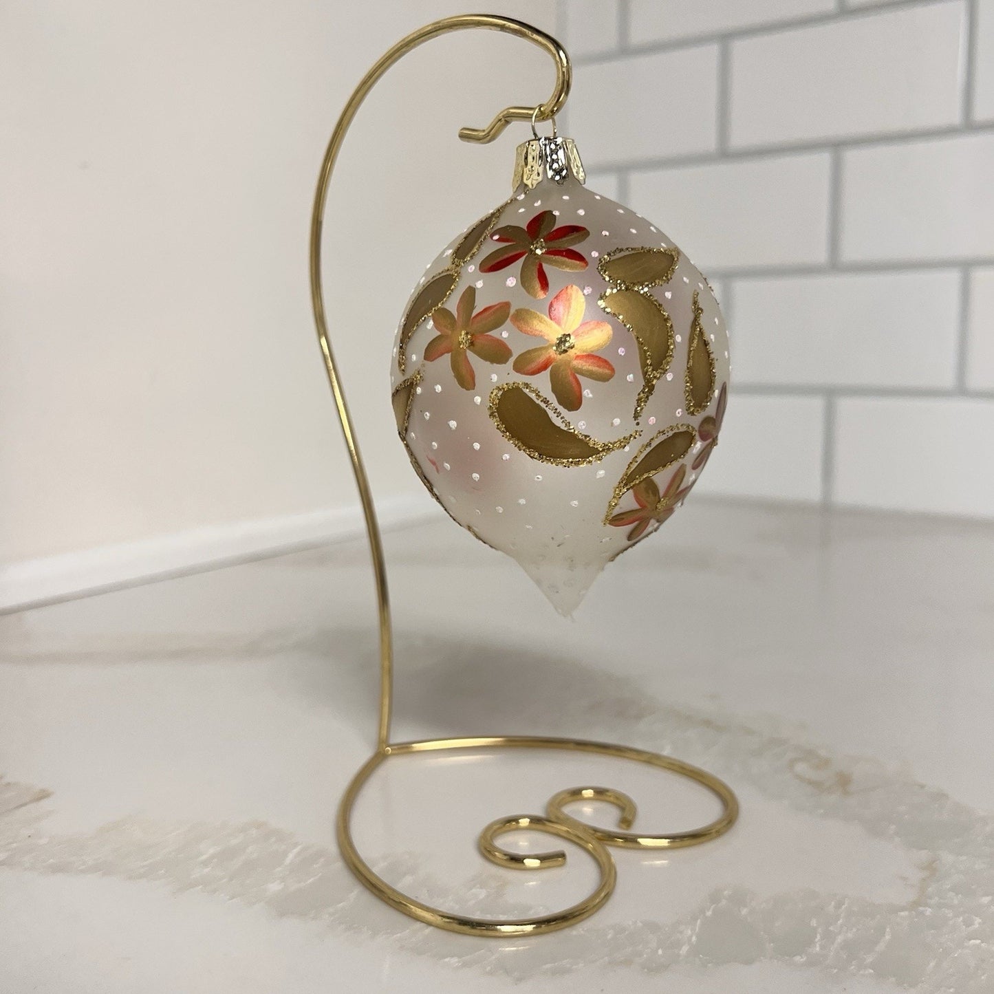 Vintage Retro Commodore Hand Painted Glass Christmas Ornaments Gold w Glitter