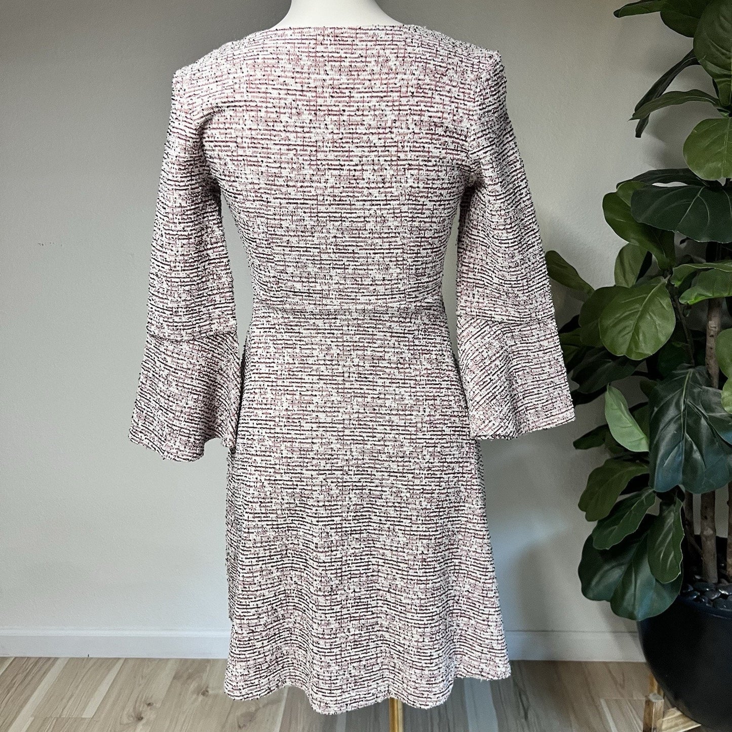 Maeve Anthropologie Dress Tweed Susie Swing Dress XS Ivory Red Bell Sleeve Boho