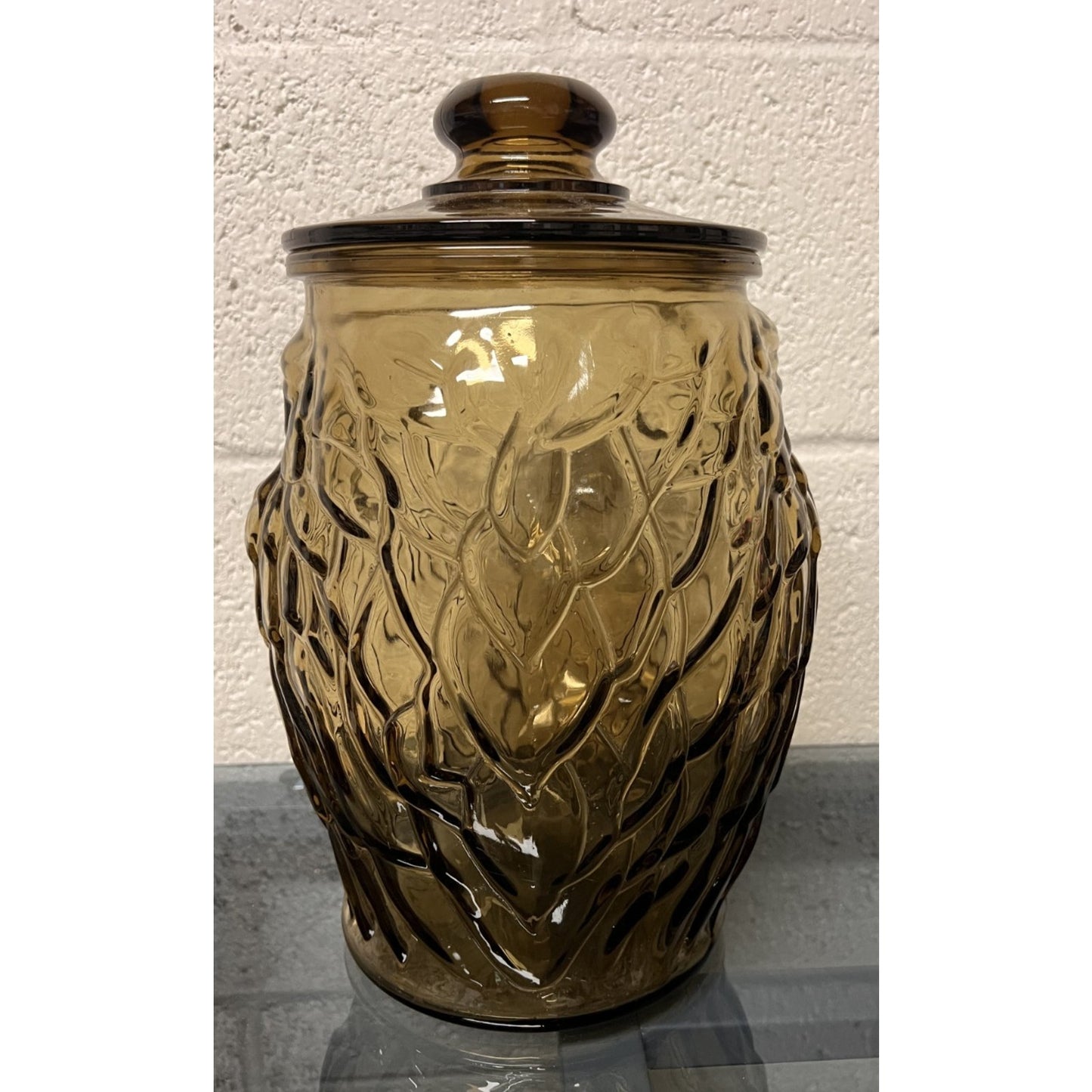Vintage Amber Glass Owl Cookie Jar with Lid 13" Tall Wise Owl Canister
