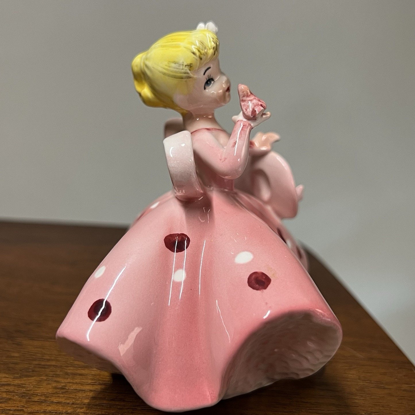 1960s Lefton Springtime Girl Figurine Pink Dress Blonde Big Bow Japan MCM 1450A
