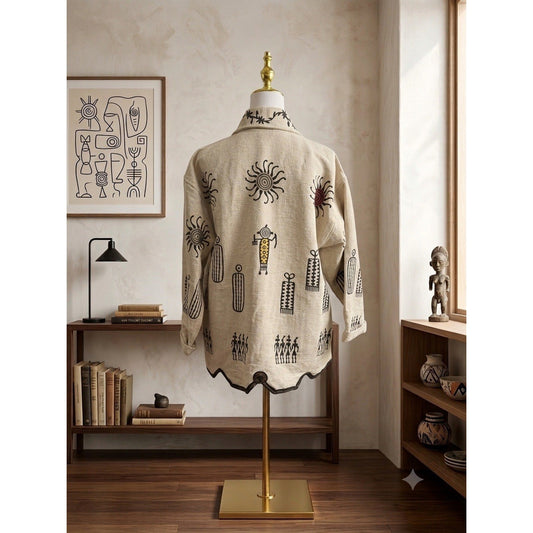 Voth Kimberle’s Palm Desert Woven Cotton Tribal Jacket Art to Wear Petroglyph