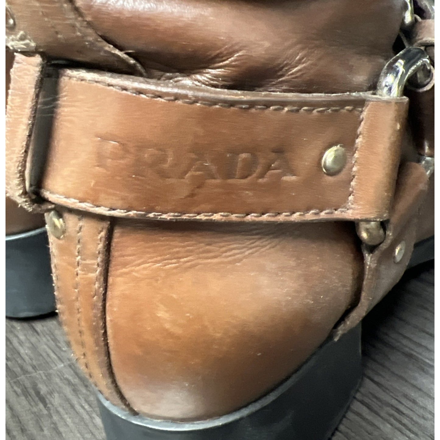 Prada Women’s 4911 Knee High Brown Leather Riding Boots Sz. 5 With Buckles