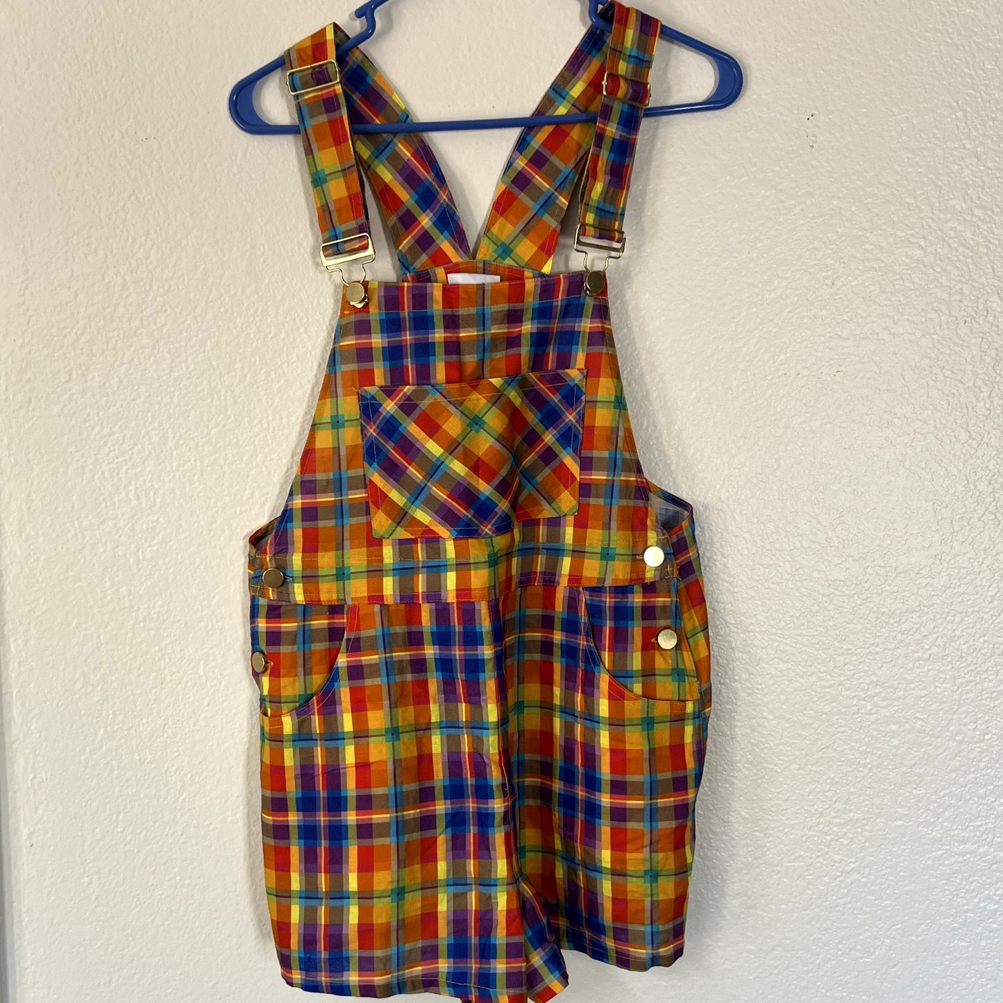 $128 NWT WeWoreWhat Danielle Bernstein Basic Rainbow Plaid Overall Shorts Sz S