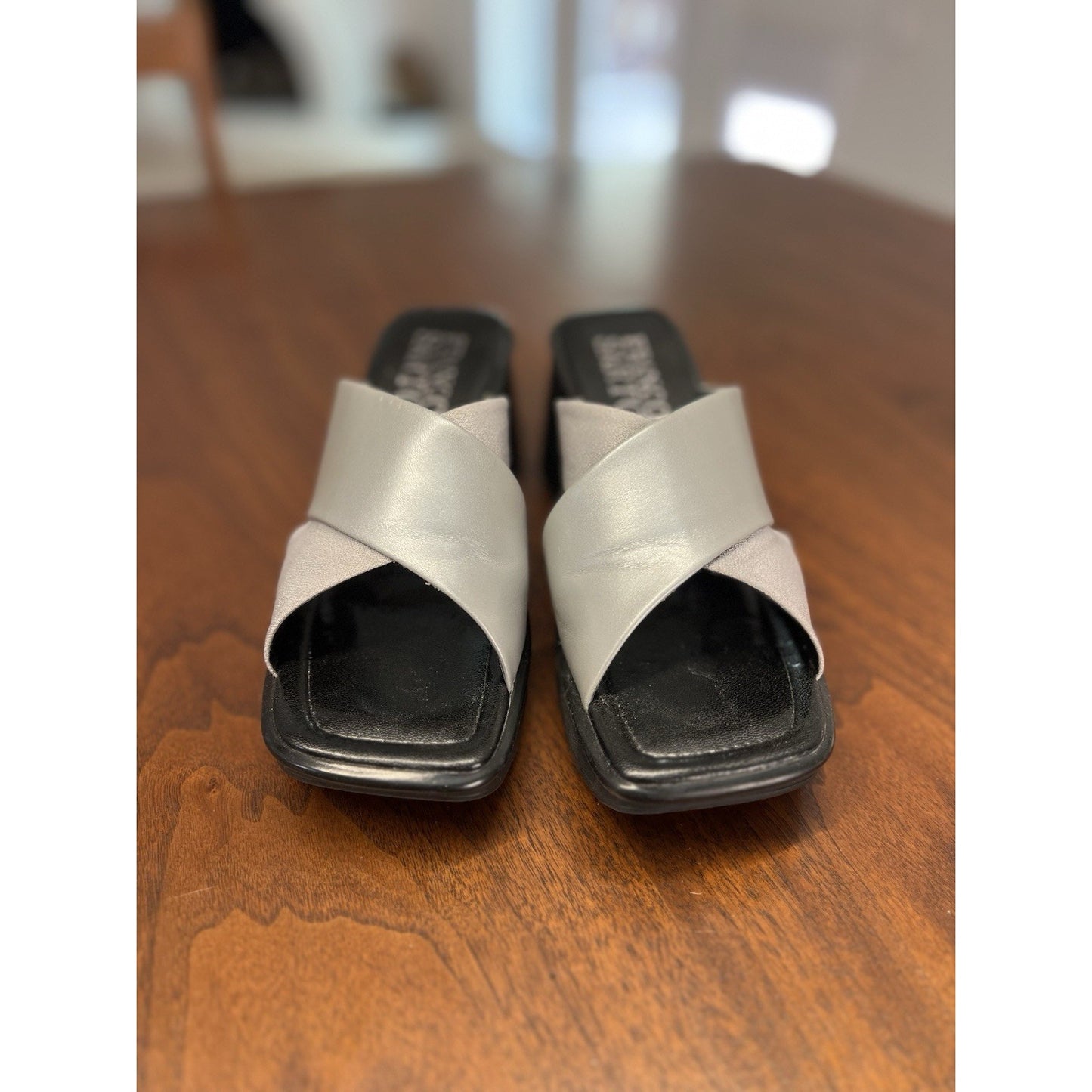 Franco Sarto Silver Cross-Cross Strap Black Wedge Sandal Women’s Size 6.5 US