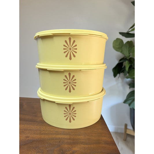 Vintage Tupperware Servalier Canister Set Harvest Gold Yellow Starburst MCM