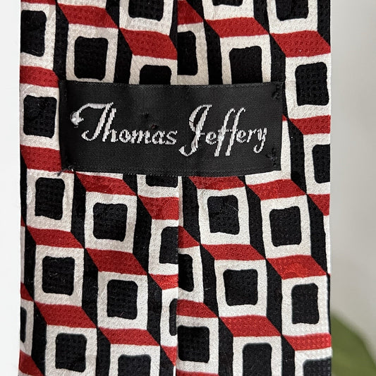 Rare Thomas Jeffery Long Men’s Tie 100% Silk Necktie Black White Red Geometric