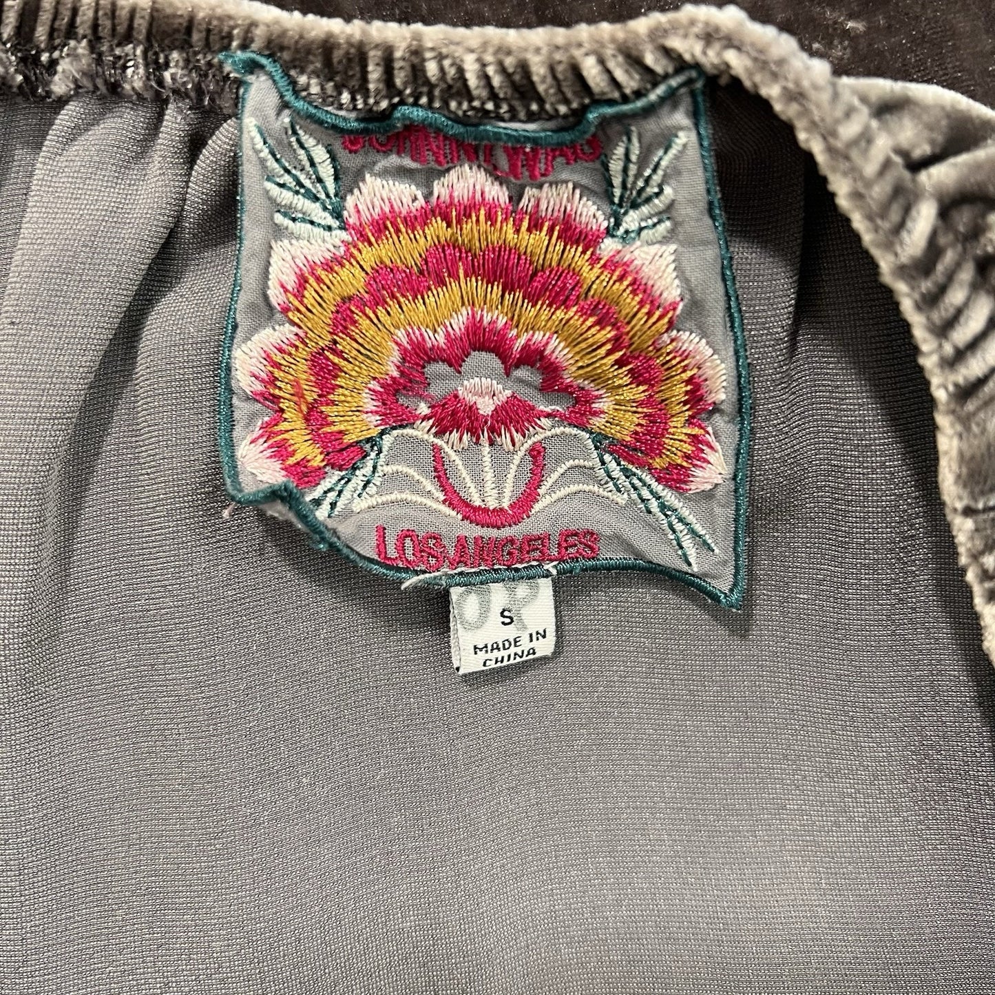 Johnny Was (S) Grey Velvet Peasant Blouse Silk Blend Tunic Top Gray Boho Tassle