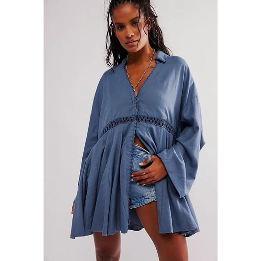 NWT Free People (L) Linen Blend Mini Dress Oversized Shirt Flowy Boho Hippie