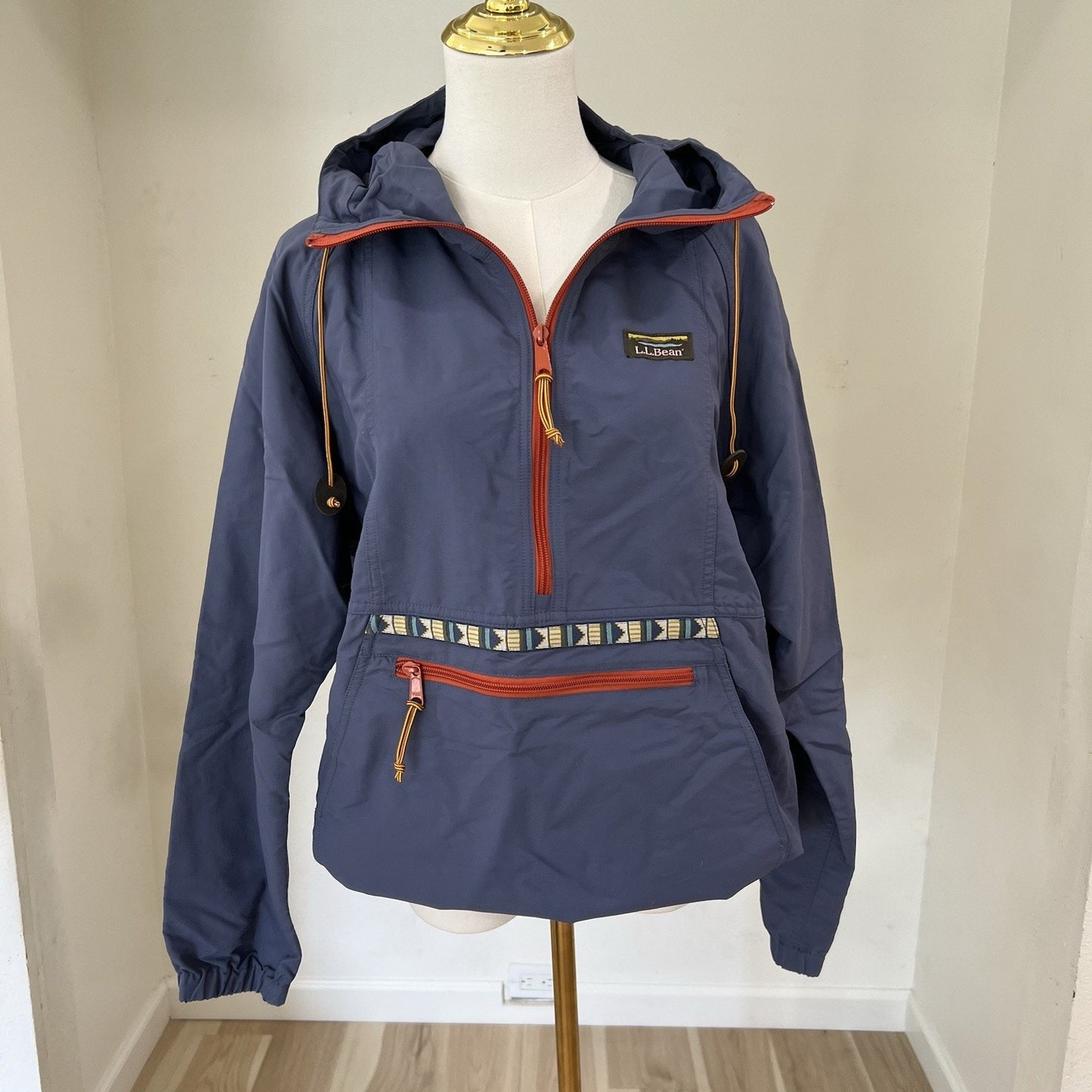 LL Bean Women (L) Anorak Windbreaker 1/2 Zip Hood Retro Coastal Aztec Gorpcore