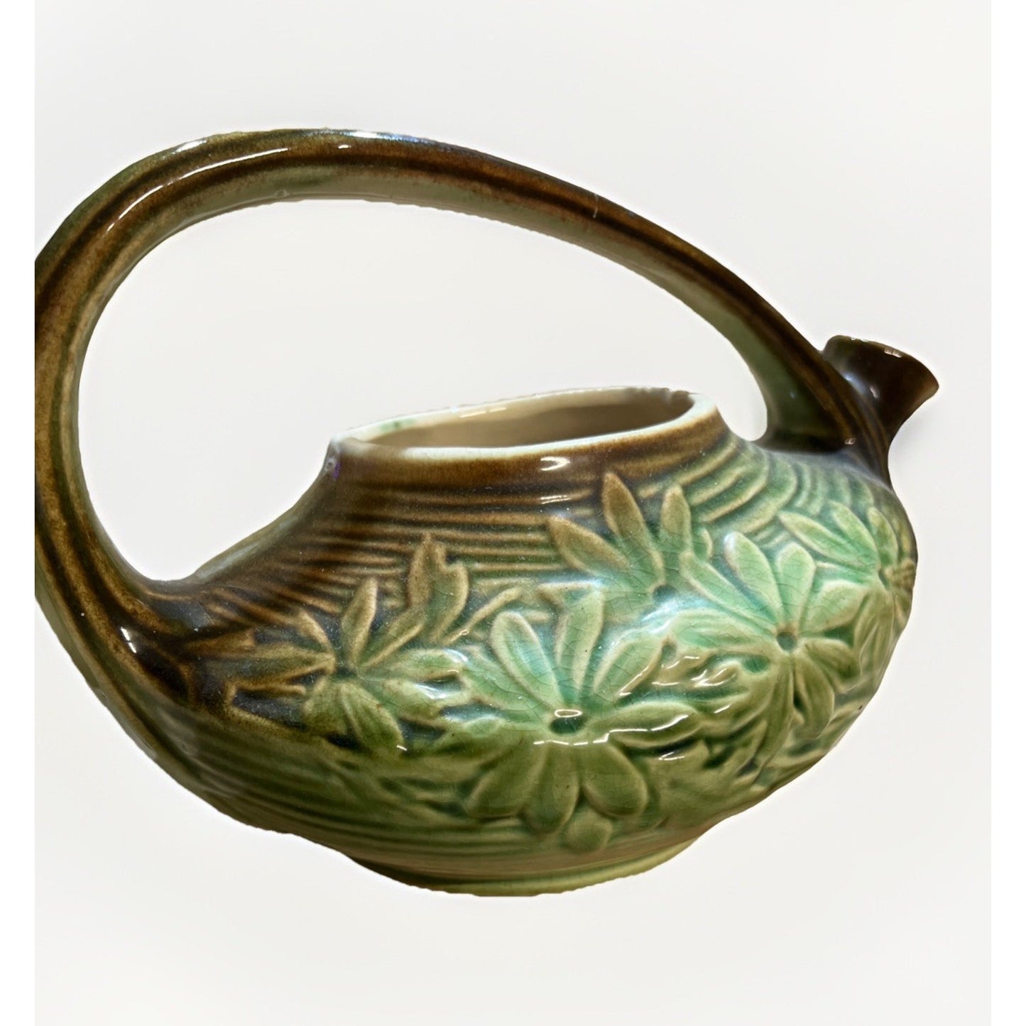 McCoy Pottery Tea Set, Green Daisy Pattern, Teapot (missing Lid) 2 Creamers