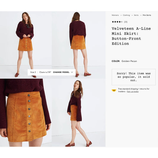 Madewell Velvet Suede A-Line Mini Skirt 25” Sz 2 Golden Brown Button Down Retro