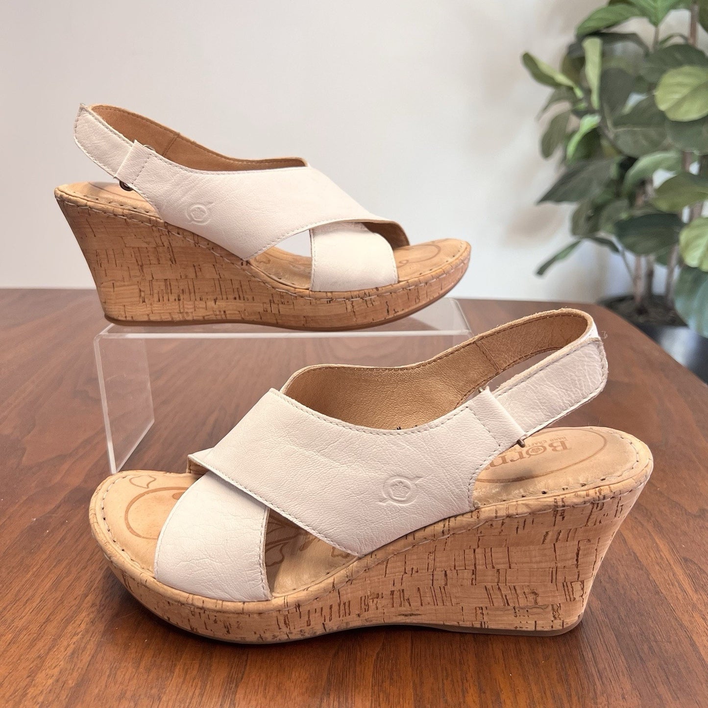 Born 8M Jenni Leather Cork Wedge Platform Sandal Slingback White Ankle Strap