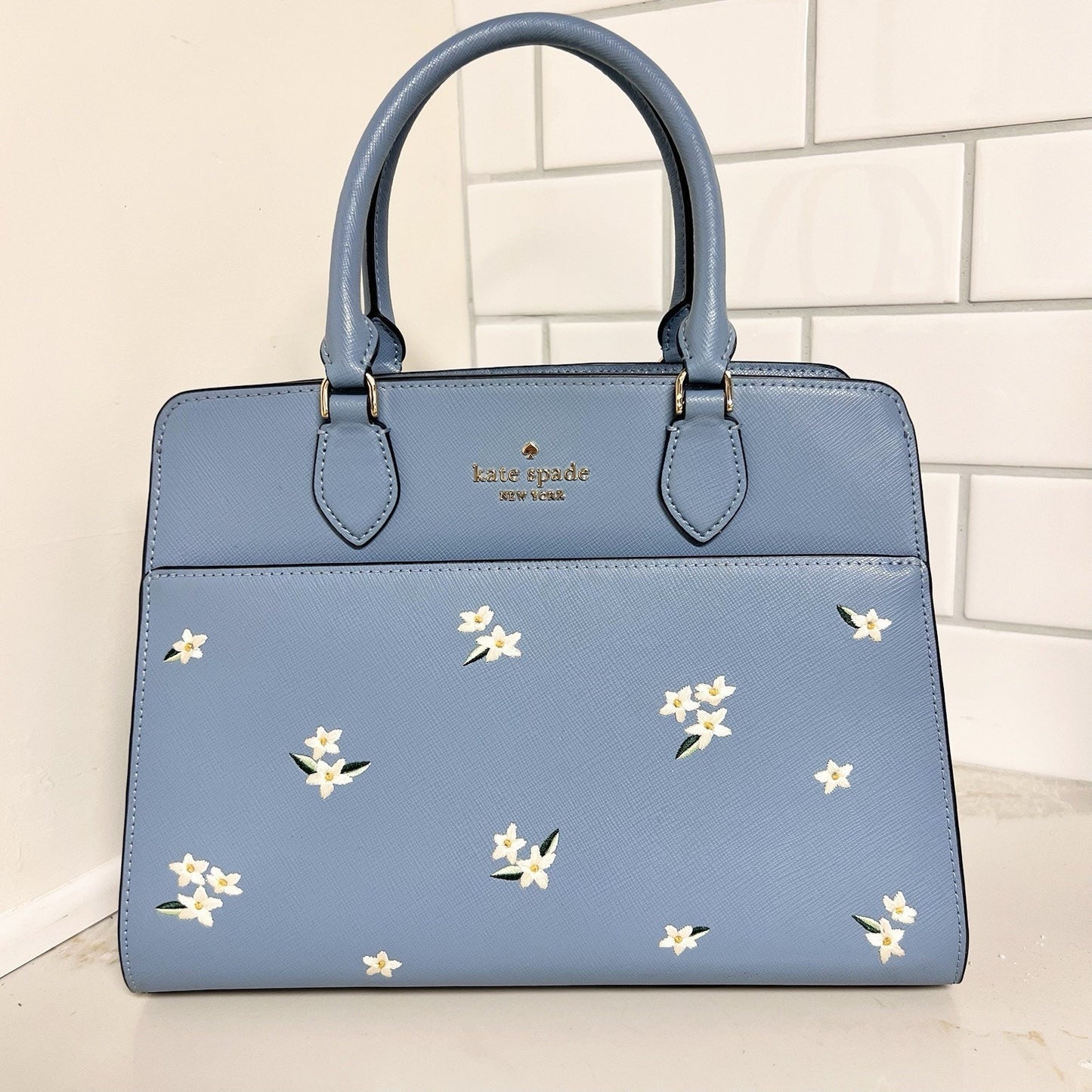 Kate Spade Madison Medium Crossbody Satchel Embroidered Floral Blue Leather