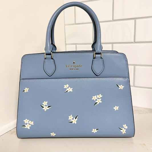 Kate Spade Madison Medium Crossbody Satchel Embroidered Floral Blue Leather