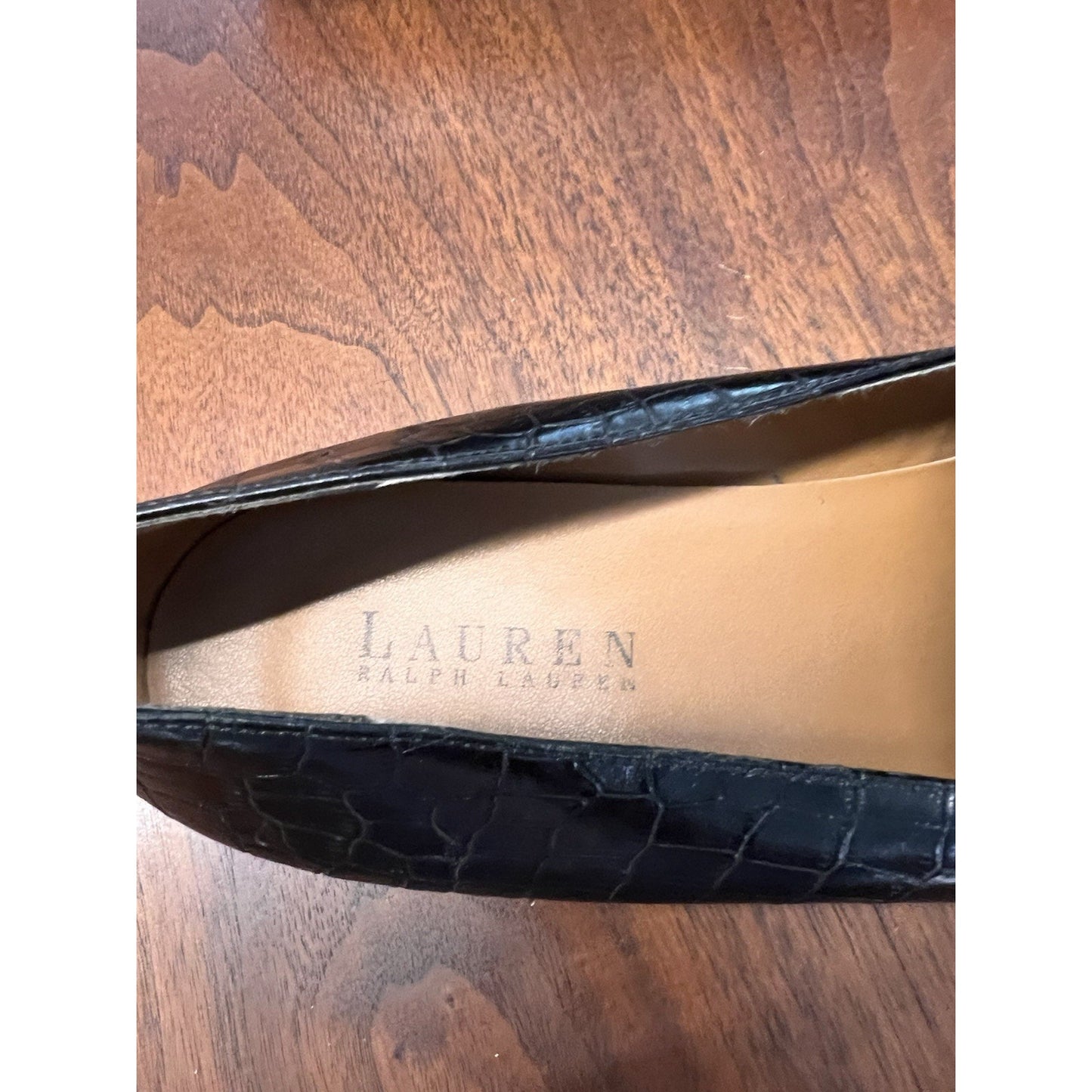 Lauren Ralph Lauren Leather Loafer Black Croc Logo Women's US 8.5 Slip On