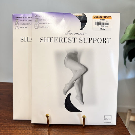 2 Vintage Sheer Caress Sheerest Support Queen Short Navy Off Black Pantyhose