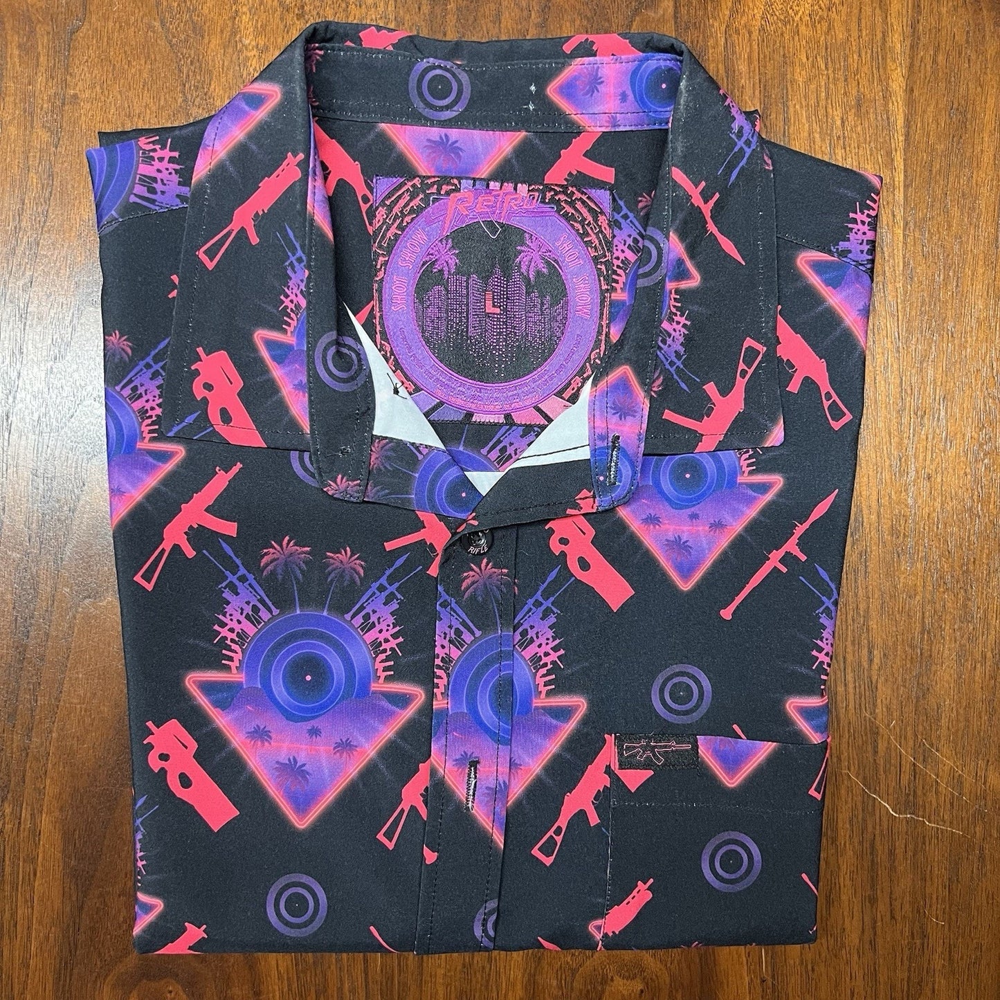 Retro Rifle Shot Show Vice City Shirt Black Button Up Polo Guns Hawaiian Beach