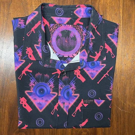 Retro Rifle Shot Show Vice City Shirt Black Button Up Polo Guns Hawaiian Beach