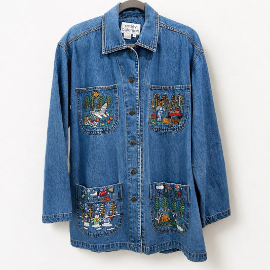 Vintage Casey Coleman Shacket (L) Jean Denim Embroidered Four Seasons Kitsch