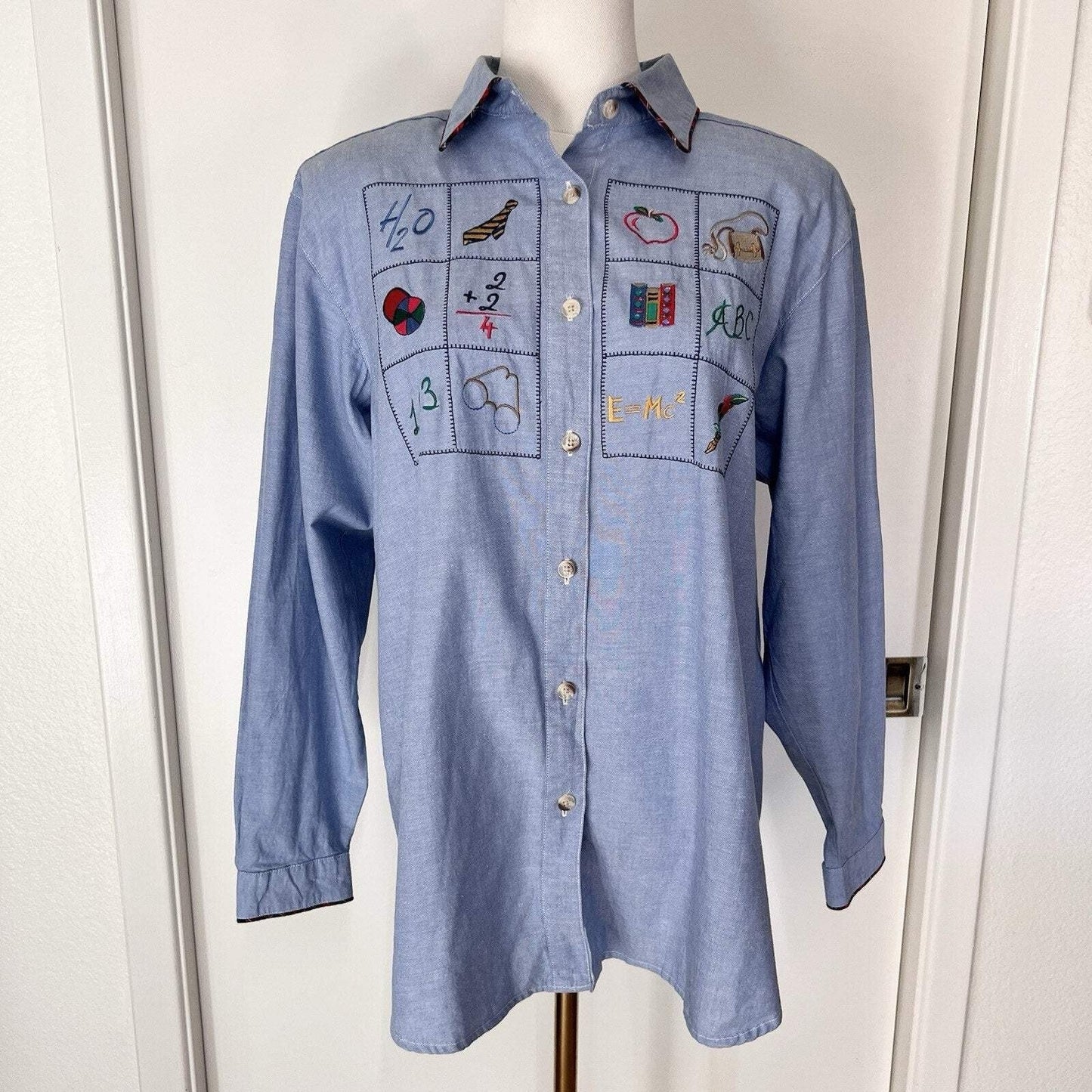 Signature by Northern Isles Teacher Button Up Shirt Chambray Kitsch Embroidered