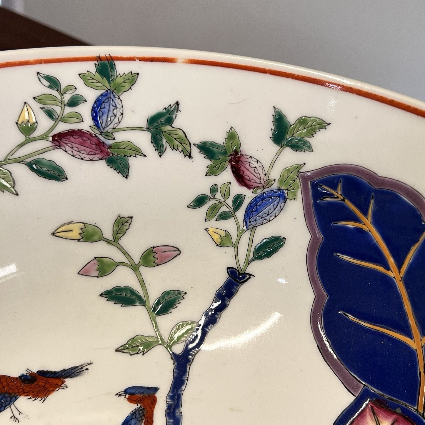 Chinese Export Tobacco Leaf Bowl 12x8” Chinoiserie Oriental Asian Hand Painted