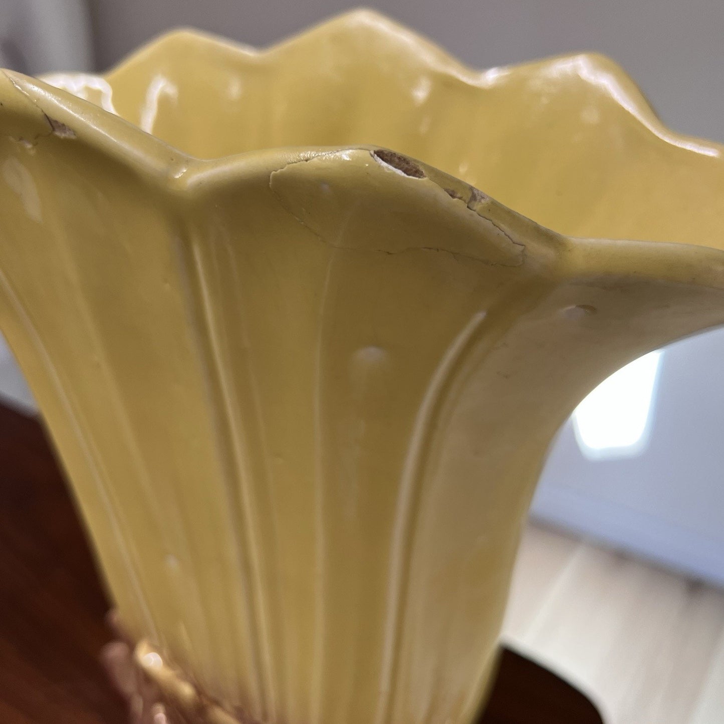 Vintage McCoy Pottery Tall Fan Vase 14.5” 1954 Yellow Art Deco MCM *read