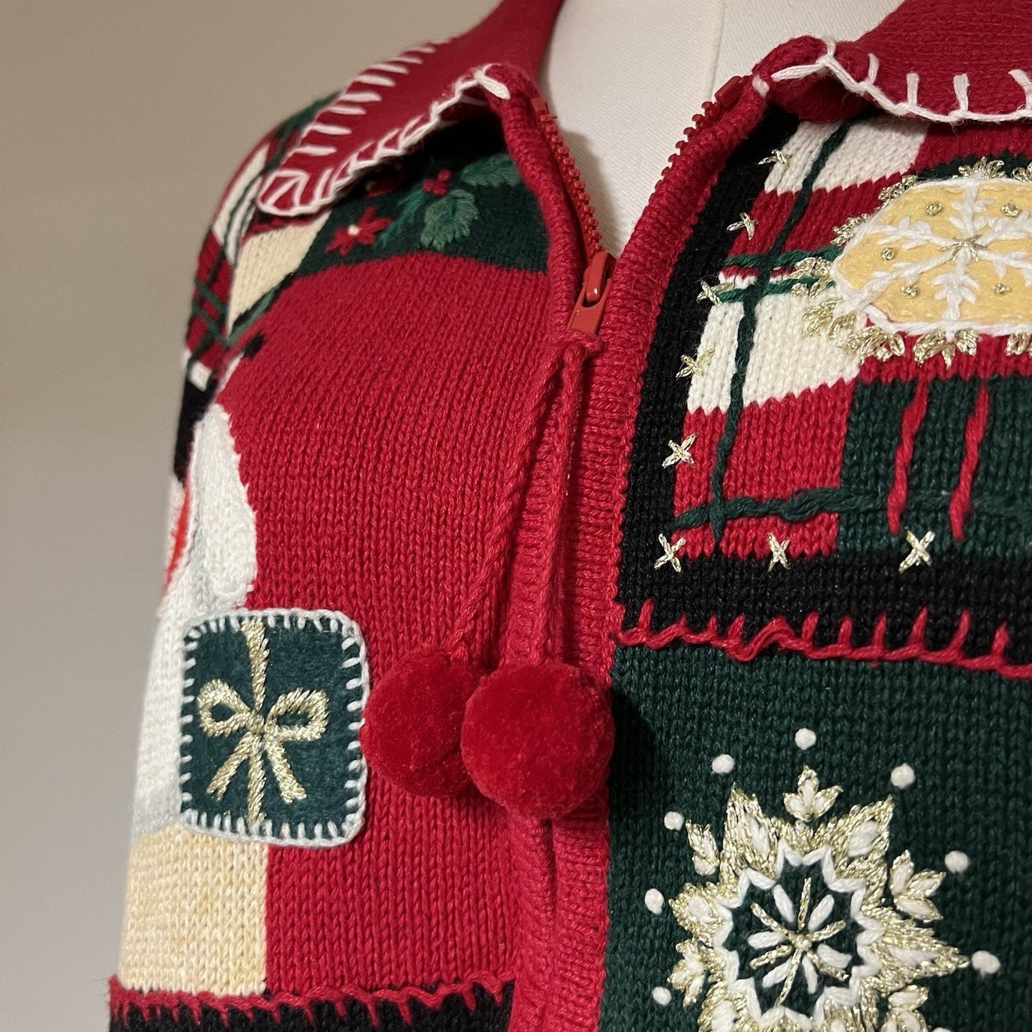 90s Ugly Christmas Sweater (L) Full Zip Knit Embroidered Snowman Tiara Int.