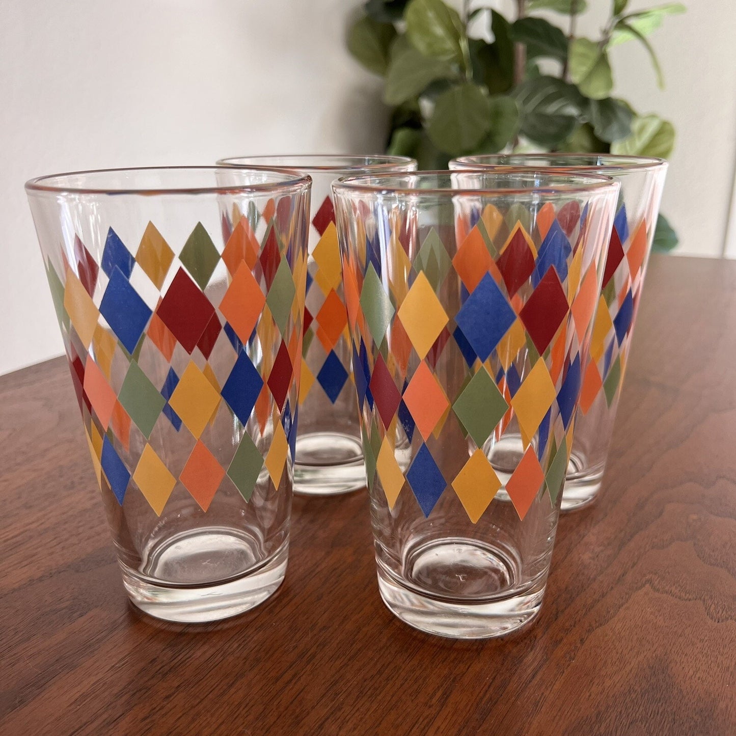 Retro MCM Ciao Harlequin Tumbler x4 By Artimino Diamond Libbey Glass Cup Vintage