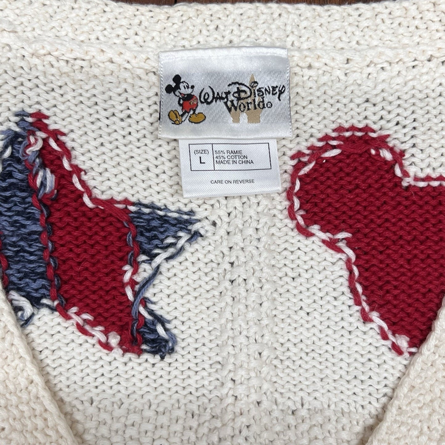 Vintage Walt Disney World (L) Cardigan Mickey Mouse Red Blue Chunky Knit Kitsch
